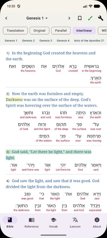 GHSB interlinear reading view on Android showing Genesis 1